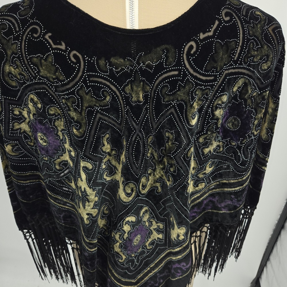 Poncho OS Velvet Fringe Color Shifting Purple Green Witchy Goth Festival Hippie - Picture 8 of 11